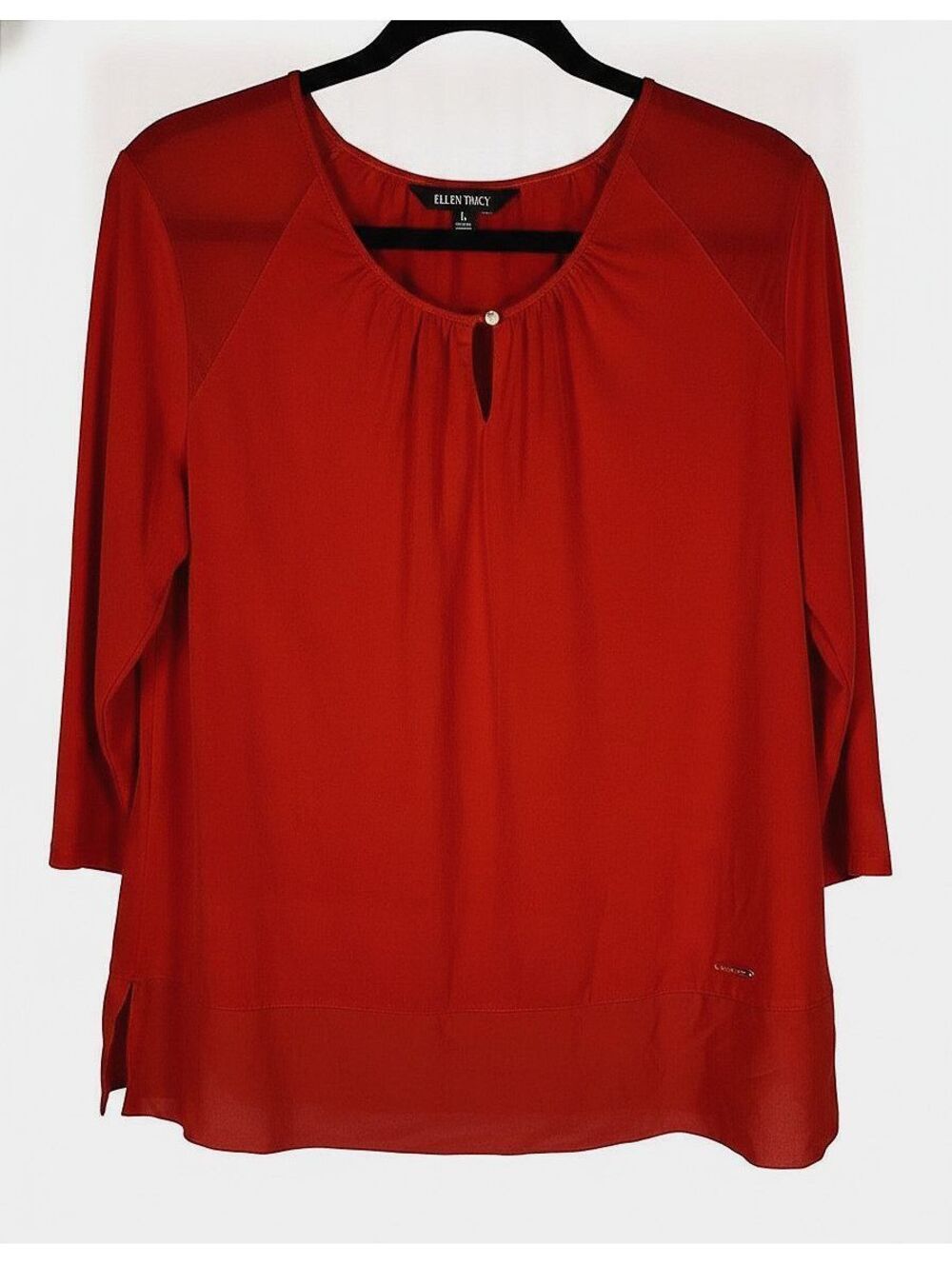 Ellen Tracy Crimson Red Mixed Media Top Sheer Shoulder Keyhole Blouse Large